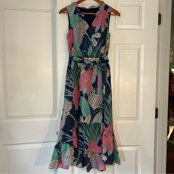 Talbots Voile Hibiscus Sleeveless Belted Maxi Dress Womens Size 2 Petite - Picture 2 of 8